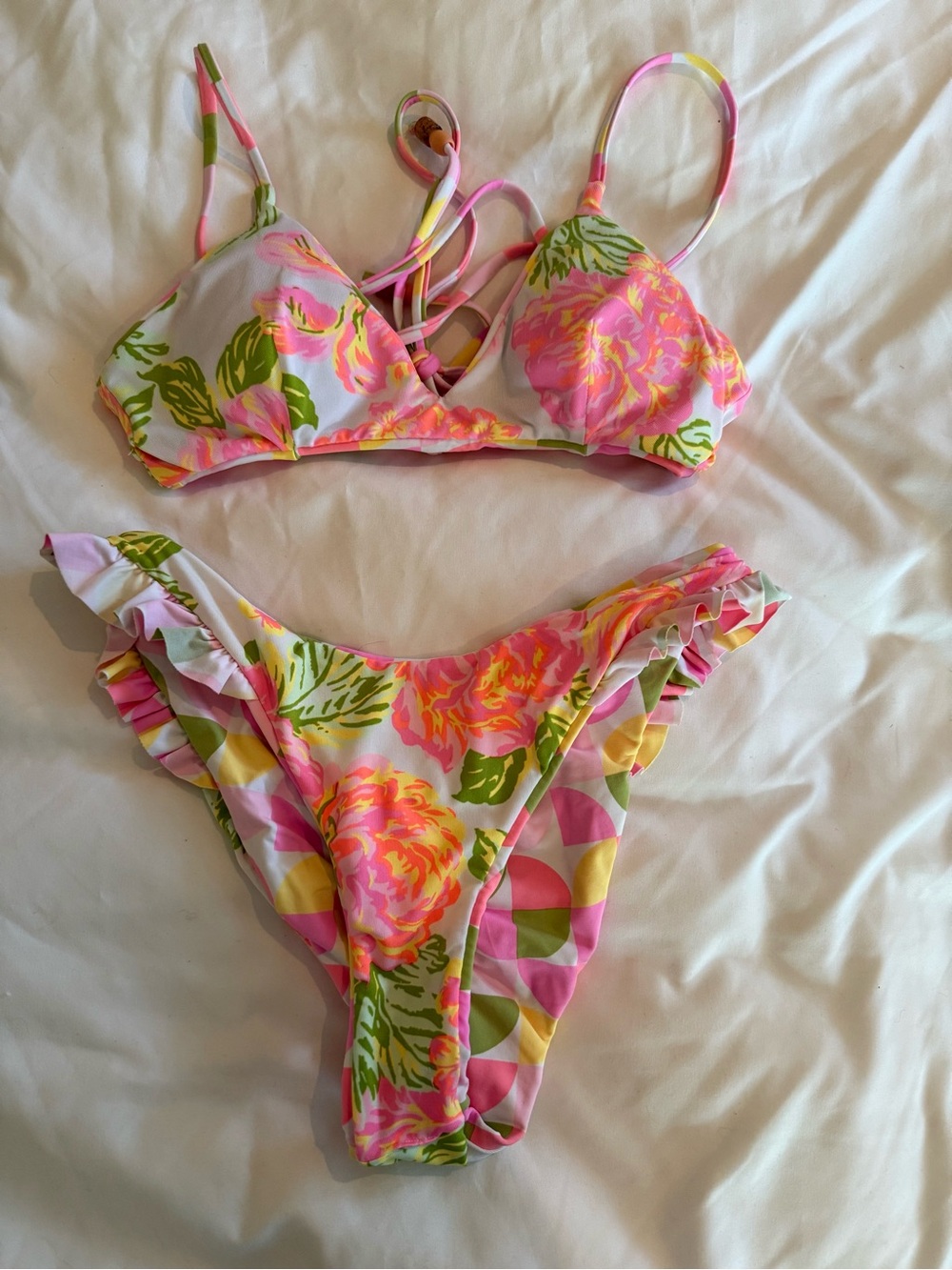Maaji Reversible Pink Multi-Color Geometric Ruffle Bikini - Picture 2 of 3